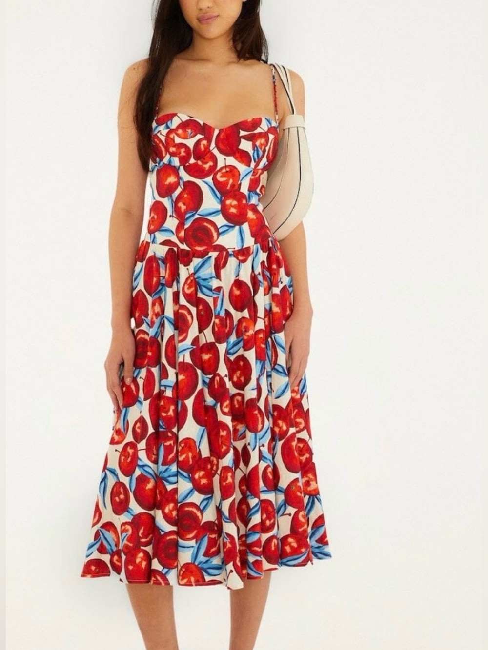 FARM Rio White Strapless Cherry-Print Midi Dress with Blue Leaves Sz XL